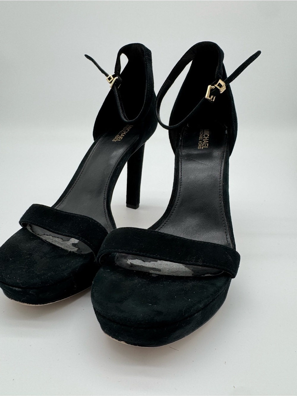 Michael Kors Black Suede Ankle-Strap Platform Heels with Gold Buckles